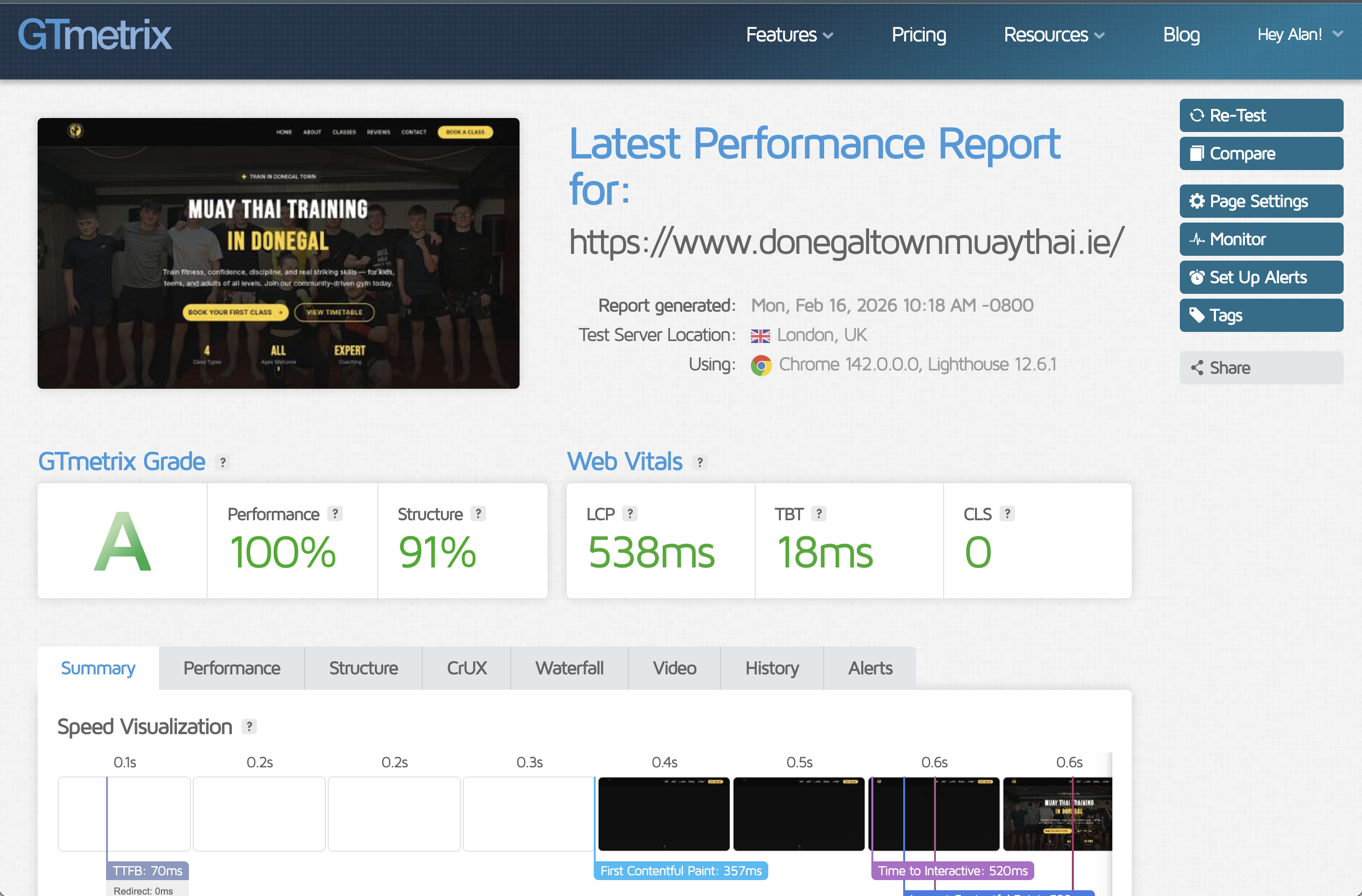 Donegal Town Muay Thai GTmetrix Grade A Report - 100% Performance, 91% Structure - Click to view full report