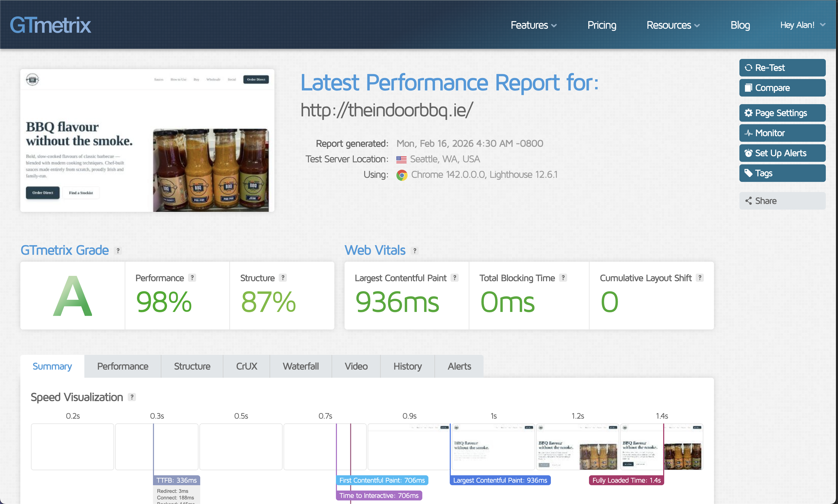 The Indoor BBQ GTmetrix Grade A Report - 98% Performance, 87% Structure - Click to view full report