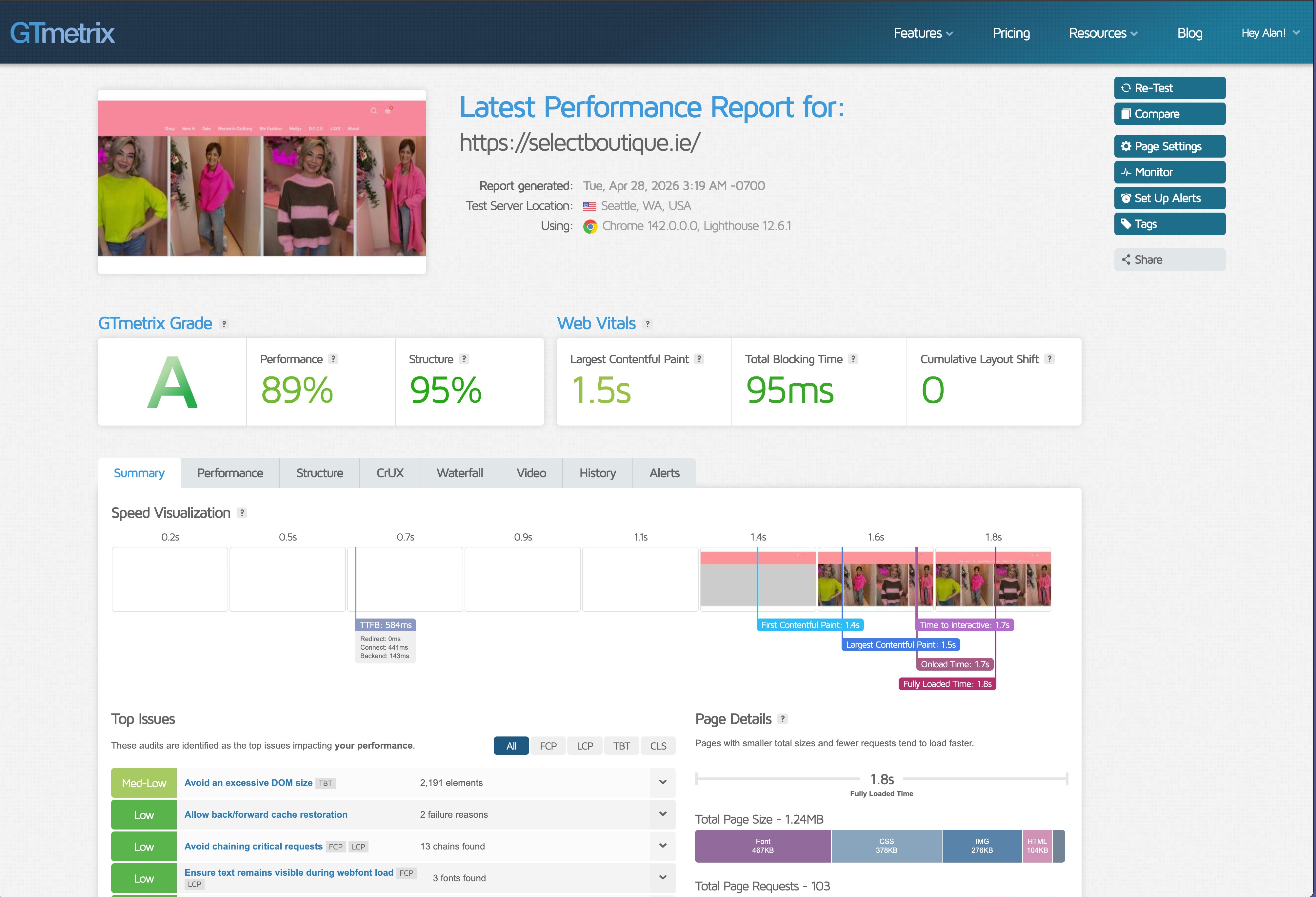 Select Boutique GTmetrix Grade A Report - 89% Performance, 95% Structure - Click to view full report