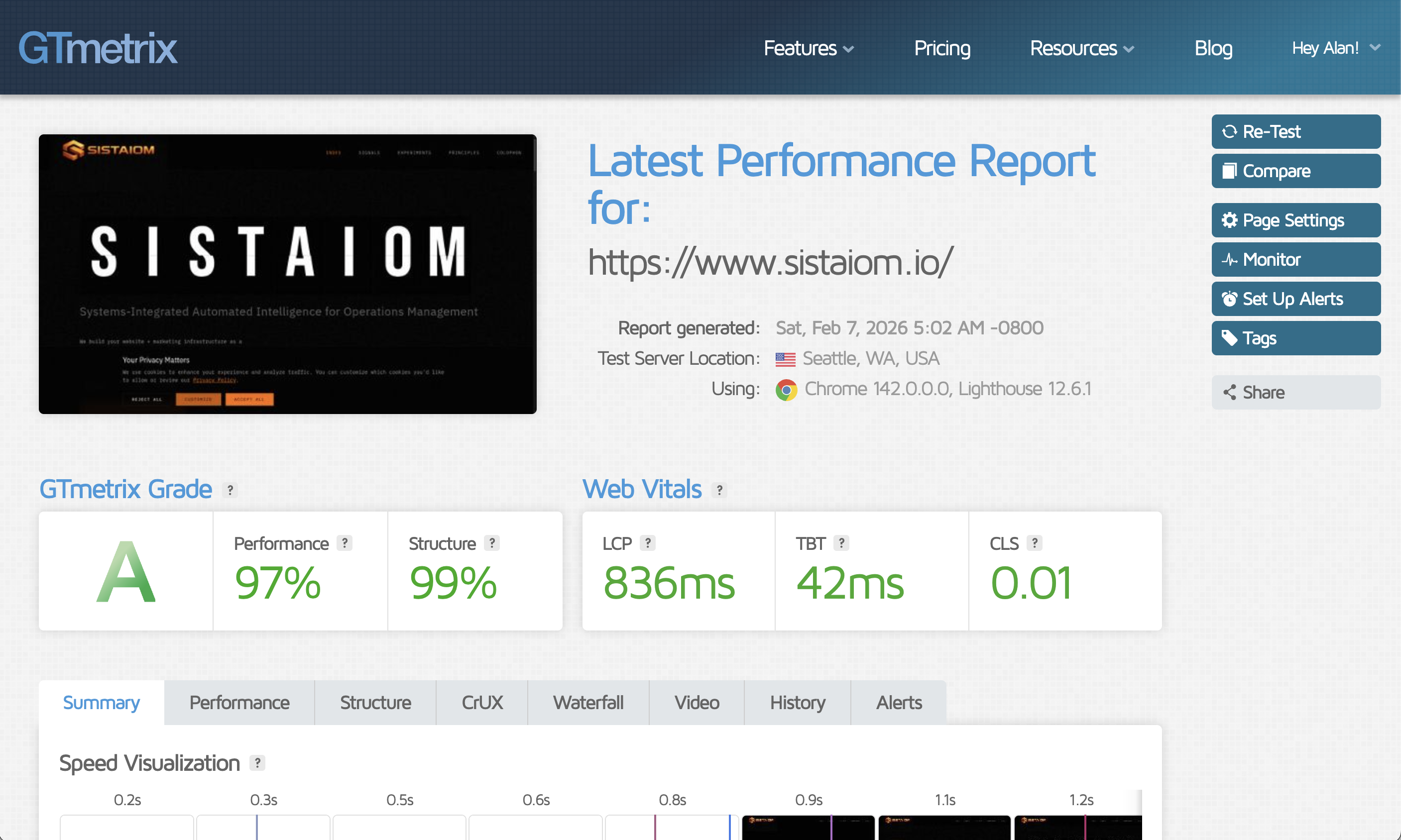 SISTAIOM GTmetrix Grade A Report - 97% Performance, 99% Structure - Click to view full report