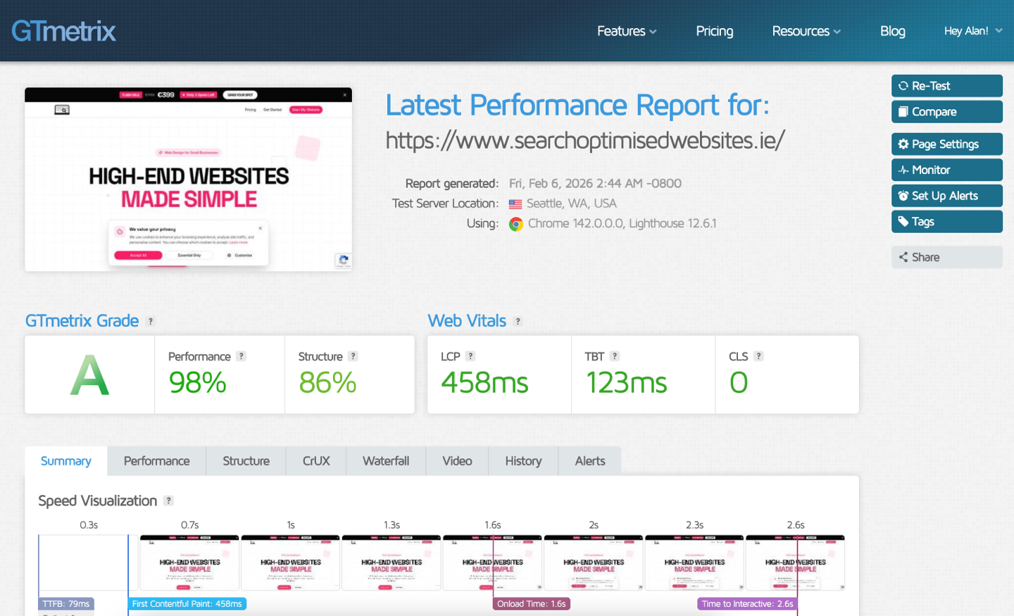 Search Optimised Websites GTmetrix Grade A Report - 98% Performance, 86% Structure - Click to view full report
